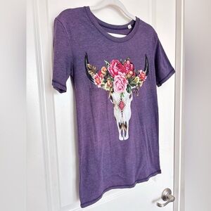 Mighty Fine Purple Tee with Floral Skull Design